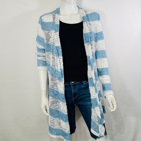 Retro Threads Cardigan Sweater Womens Large Blue White Open Knit Long Sleeves - Picture 9 of 13